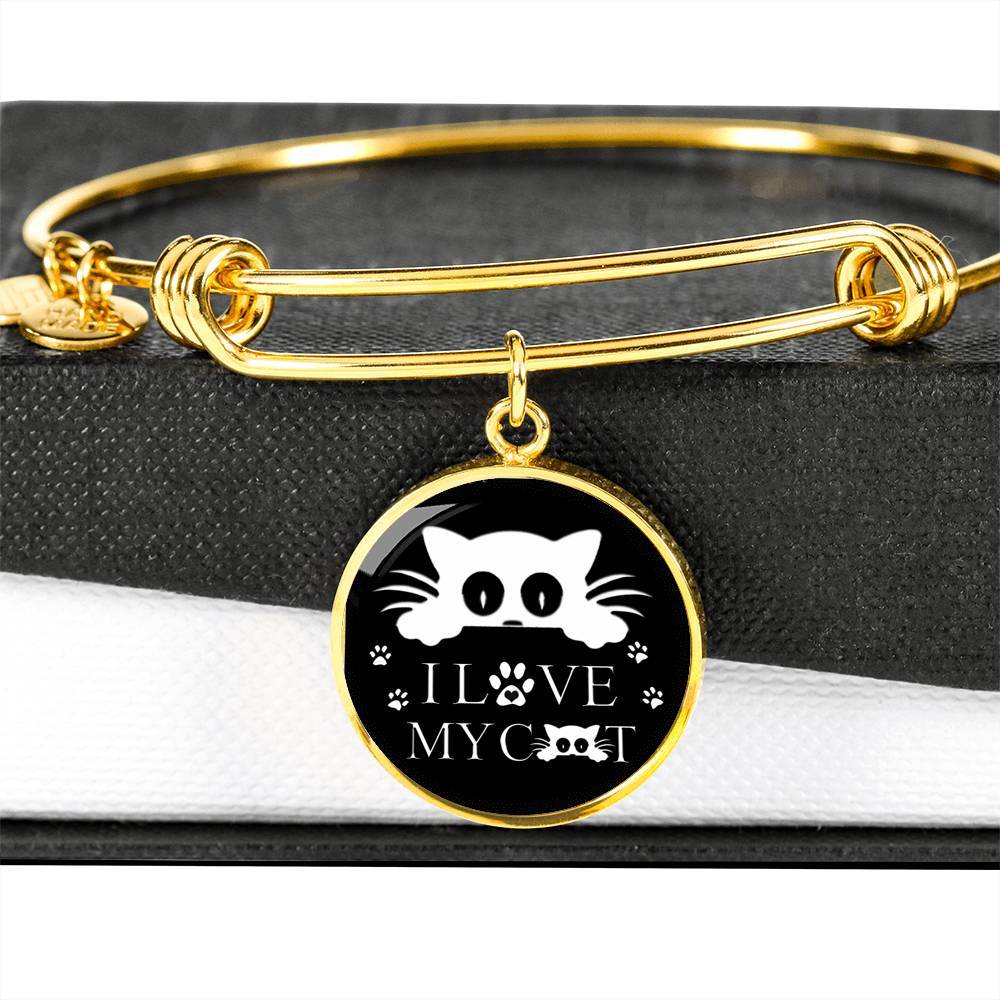 " I Love My Cat" Black Print Circle Pendant Luxury Bangle