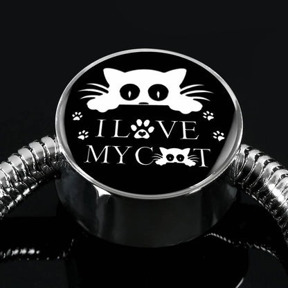 " I Love My Cat" Black Print Circle Charm Steel Bracelet