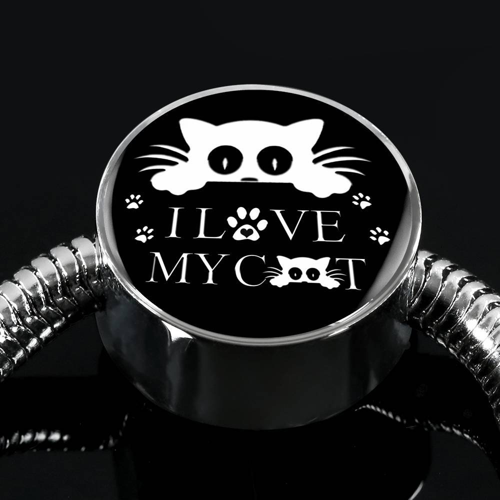 I Love My Cat Black Print Circle Charm Steel Bracelet