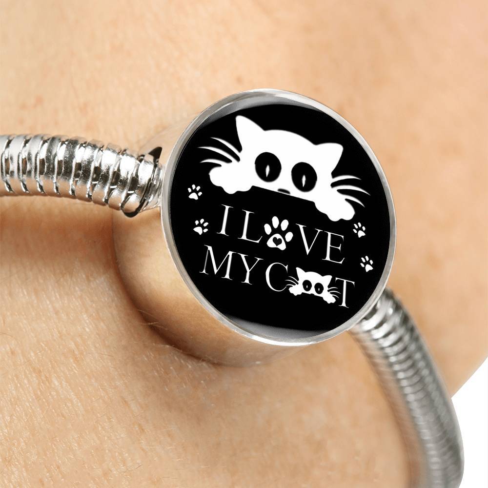 " I Love My Cat" Black Print Circle Charm Steel Bracelet