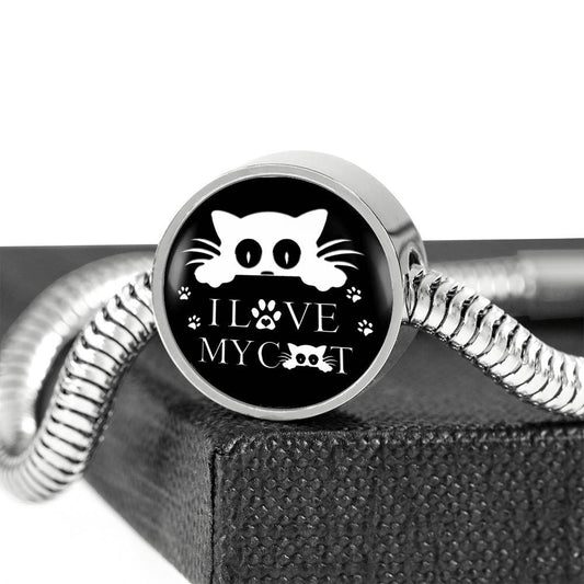 I Love My Cat Black Print Circle Charm Steel Bracelet
