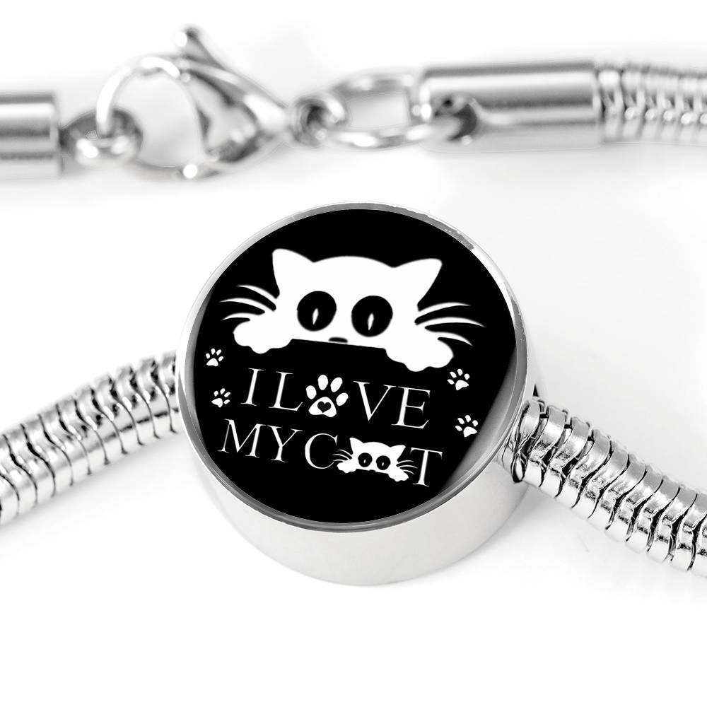 " I Love My Cat" Black Print Circle Charm Steel Bracelet