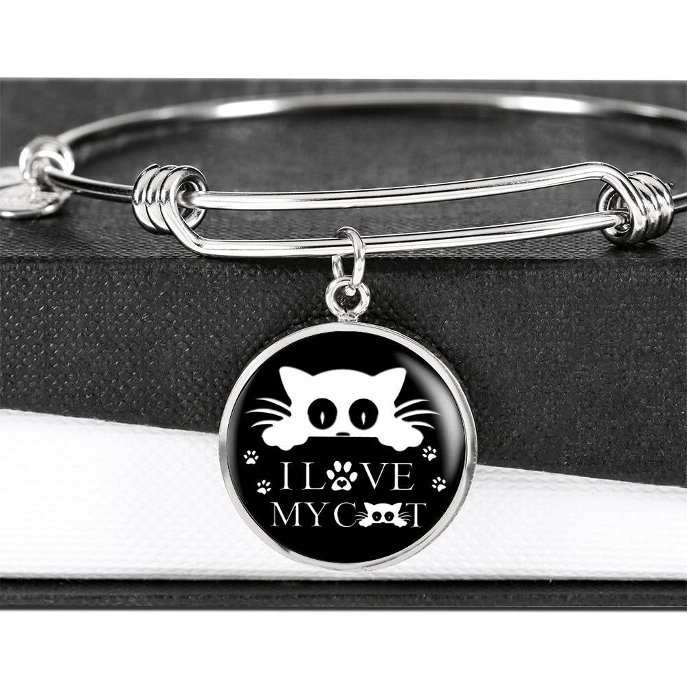 " I Love My Cat" Black Print Circle Pendant Luxury Bangle