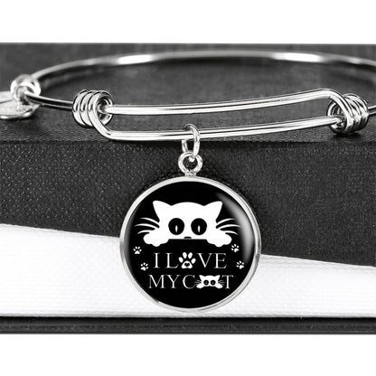 " I Love My Cat" Black Print Circle Pendant Luxury Bangle