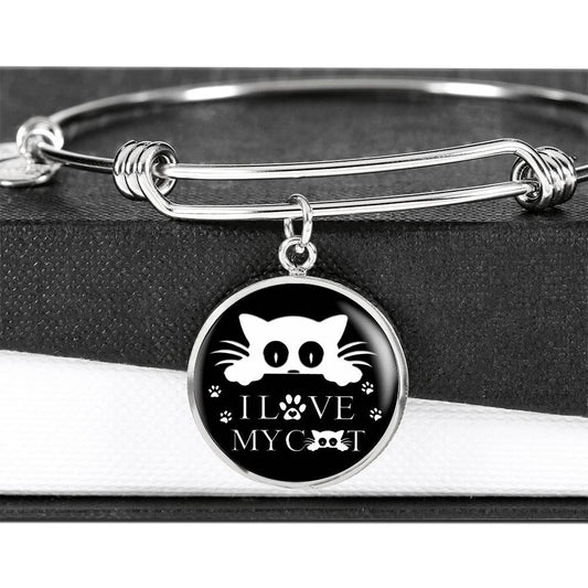 " I Love My Cat" Black Print Circle Pendant Luxury Bangle