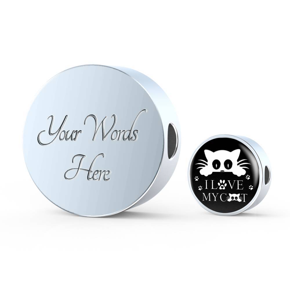 " I Love My Cat" Black Print Circle Charm Steel Bracelet